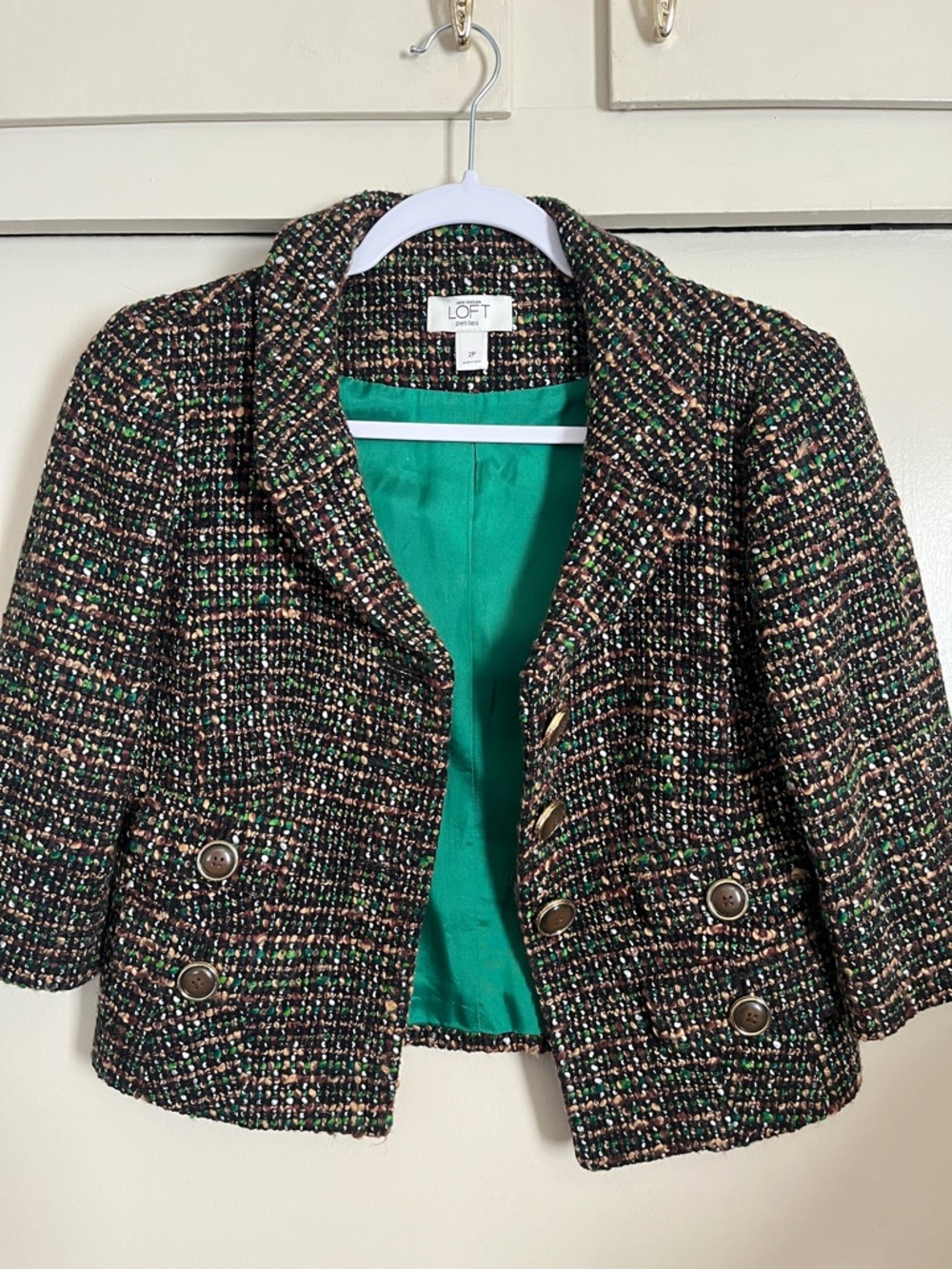 LOFT Multicolor Tweed Cropped Blazer with Green Lining